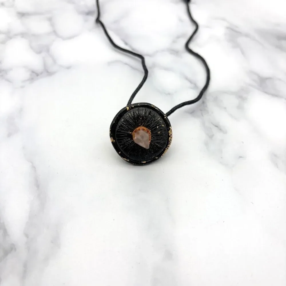 Black Mushroom Necklace with Quartz Crystal | Gold Leaf Polymer Clay Pendant